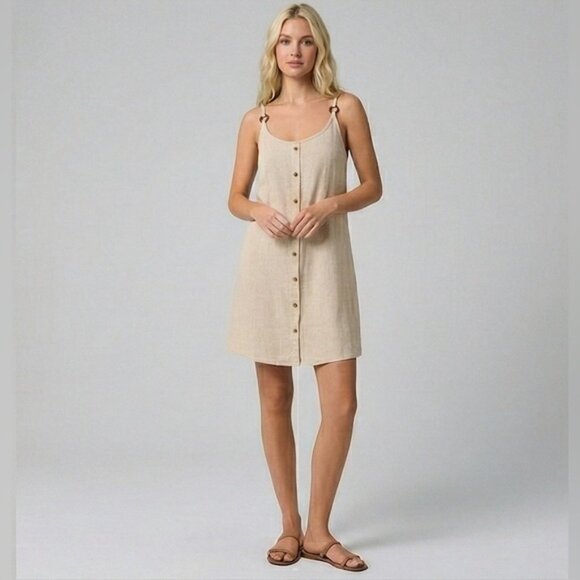 Oatmeal Linen Blend Button Front Mini Dress Spaghetti Strap - Picture 3 of 5